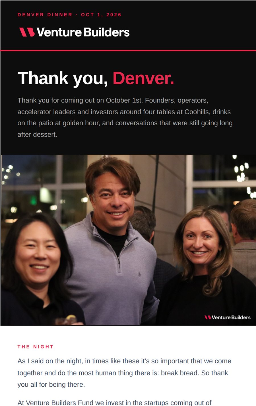 The post-event recap email sent to Denver dinner guests